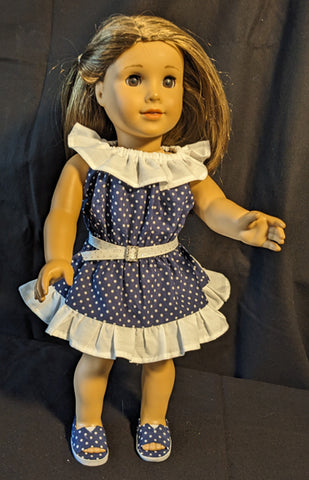 Dress - Navy Blue Polka Dot with White Ruffles and Matching Shoes